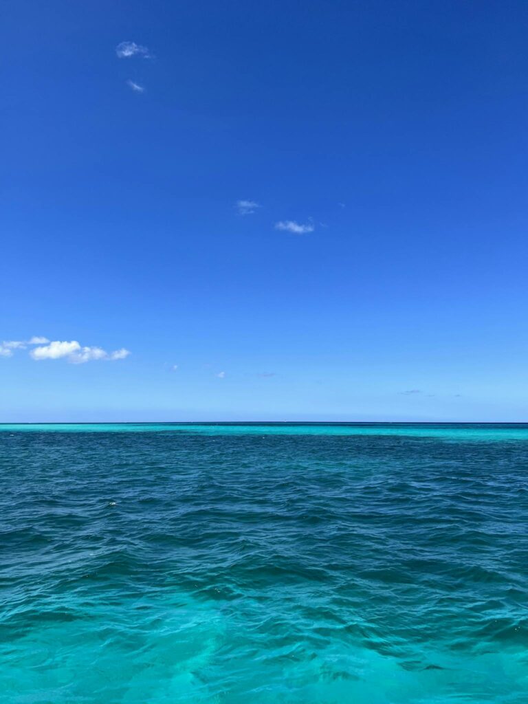 A blue ocean with clear water and a blue sky